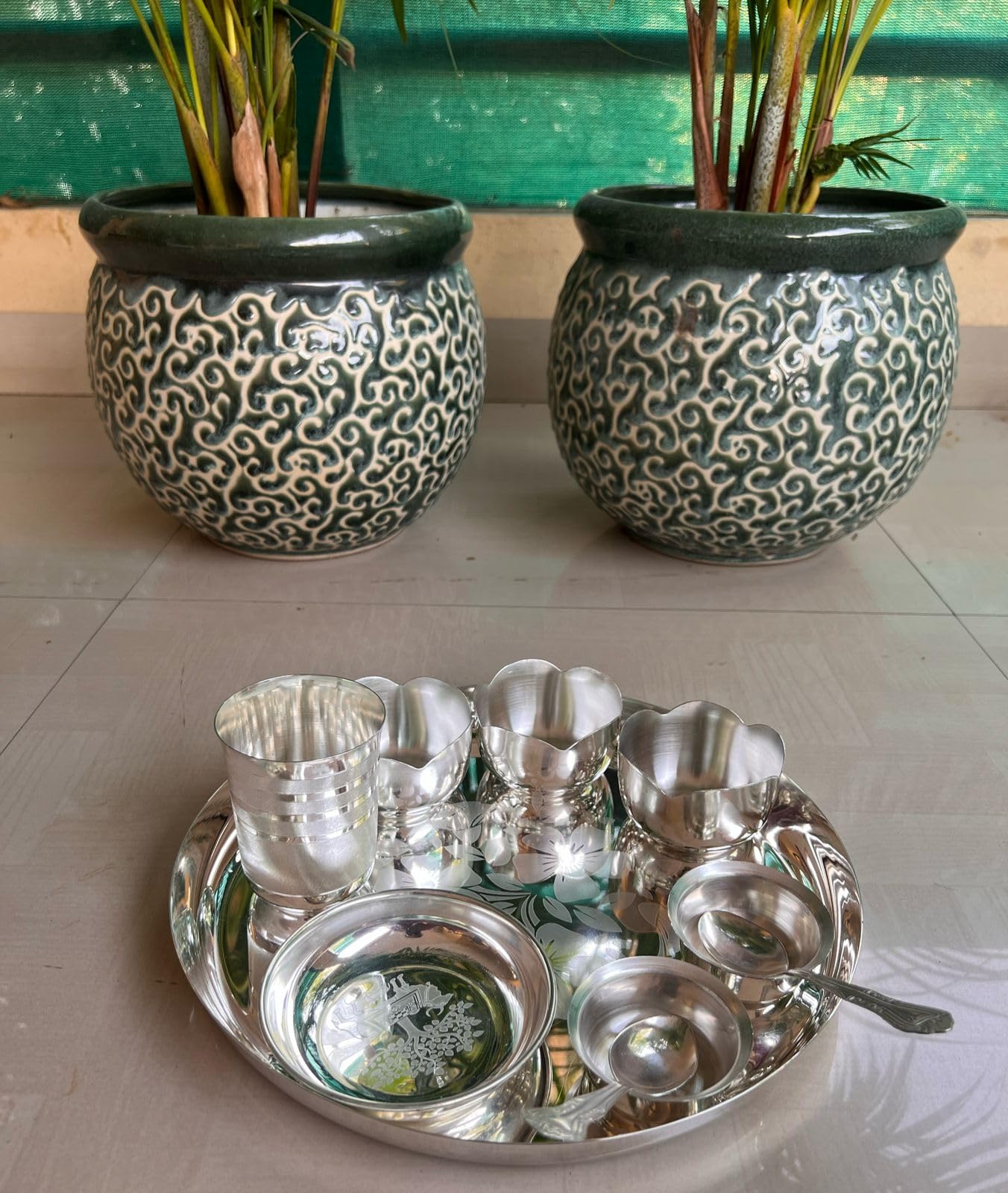 German silver dinner thali set with flower bowls for gift/home